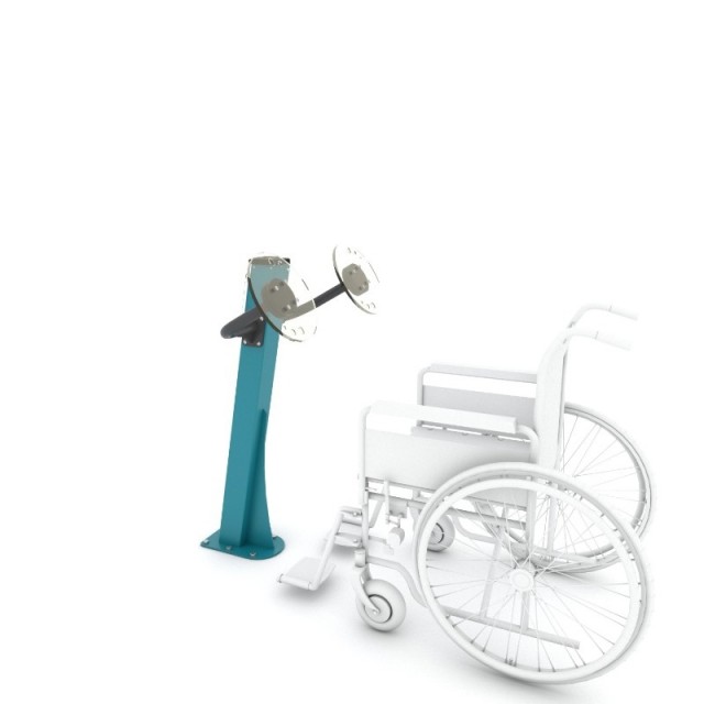Armsykkel FITNESS 1123 for rullestolbrukere – farge C18 teal, vist med rullestol