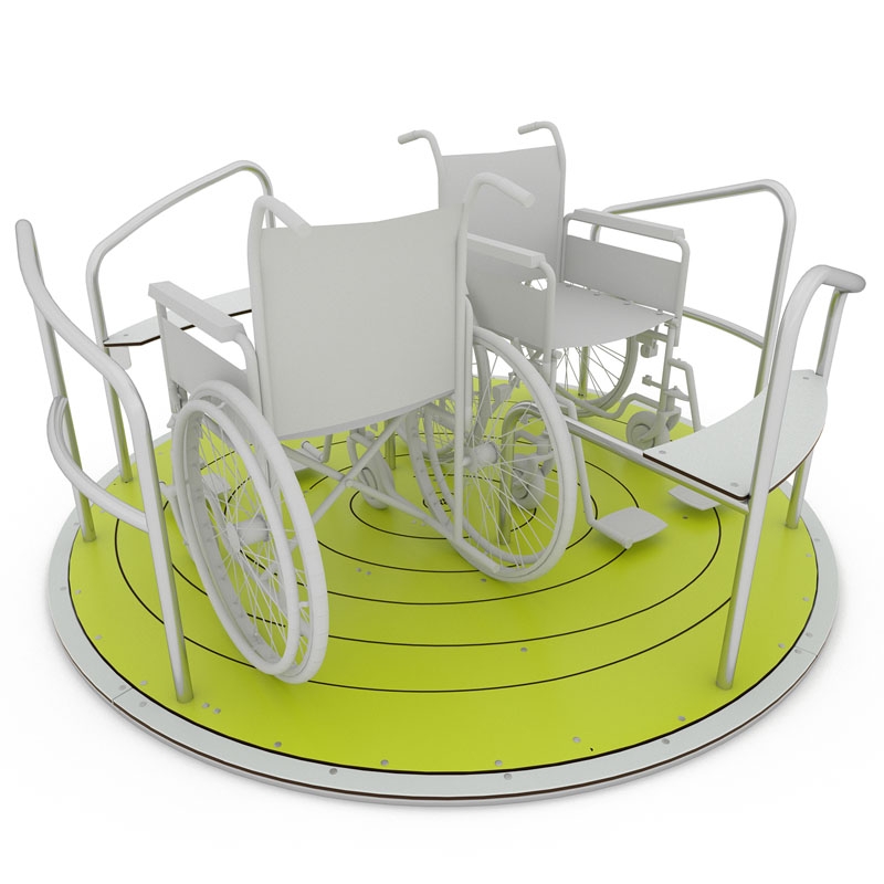 Karusell tilpasset 2 rullestoler. Vi oppmuntrer til å lage inkluderende lekeplasser og heier på apparater som dette hvor rullestolbrukere og andre barn kan leke sammen.